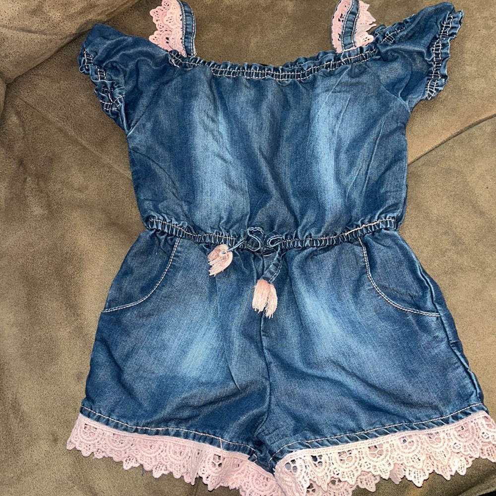 Limited Too blue Jean romper with pink lace toddler girl size 2t